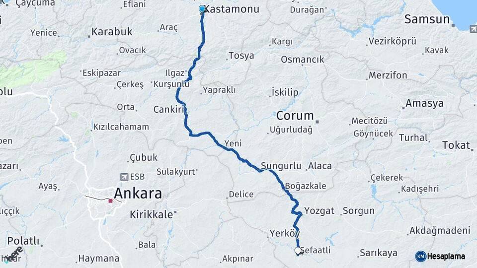 Kastamonu Şefaatli Yozgat Arası Kaç Km - Yol Haritası
