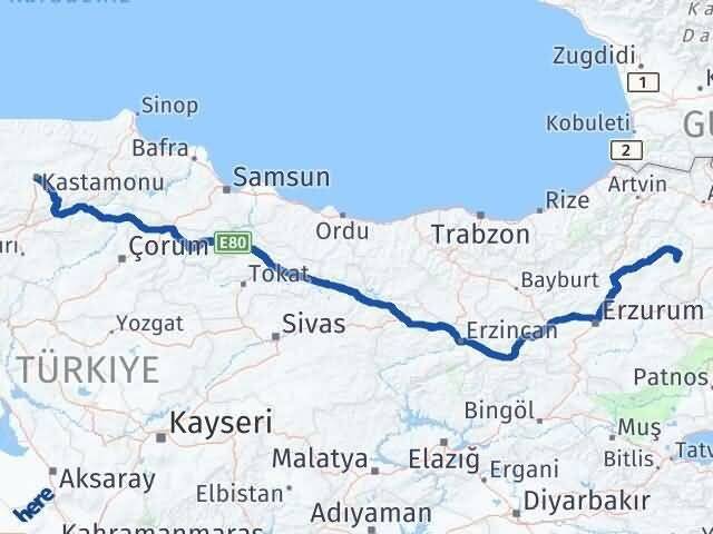 Kastamonu Şenkaya Erzurum Arası Kaç Km - Yol Haritası