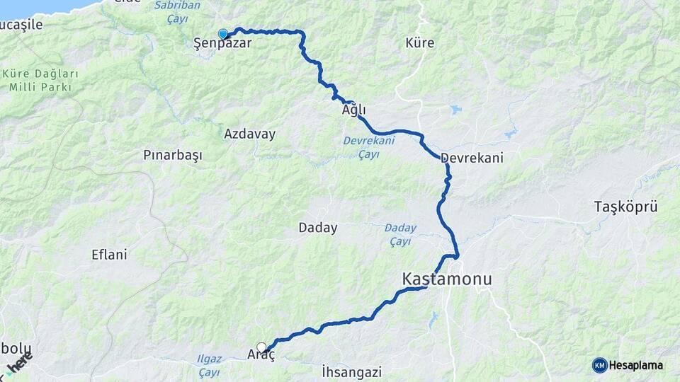 Kastamonu Şenpazar Araç Arası Kaç Km - Yol Haritası