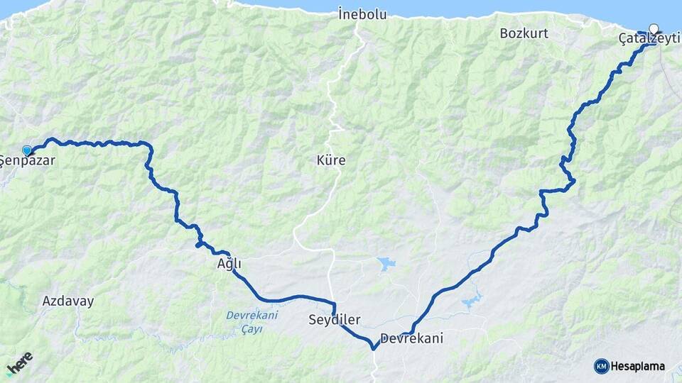 Kastamonu Şenpazar Çatalzeytin Arası Kaç Km - Yol Haritası