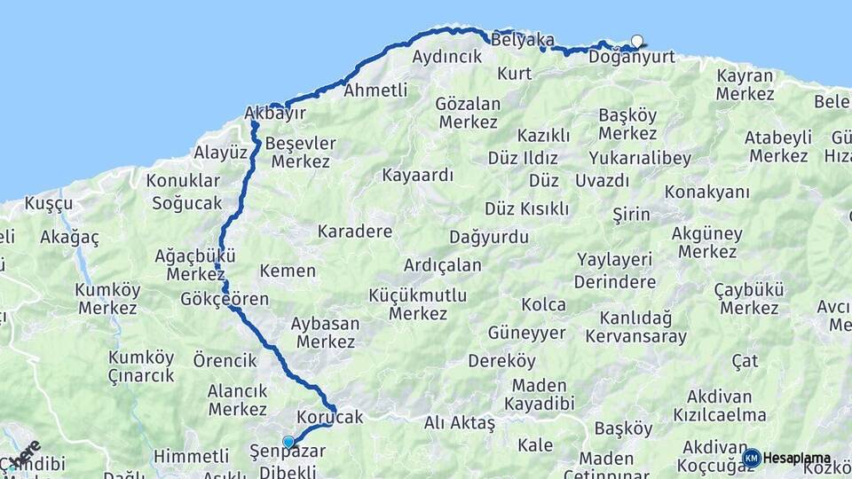 Kastamonu Şenpazar Doğanyurt Arası Kaç Km - Yol Haritası
