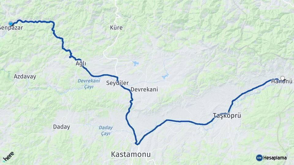 Kastamonu Şenpazar Hanönü Arası Kaç Km - Yol Haritası