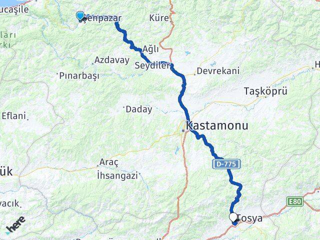 Kastamonu Şenpazar Tosya Arası Kaç Km - Yol Haritası