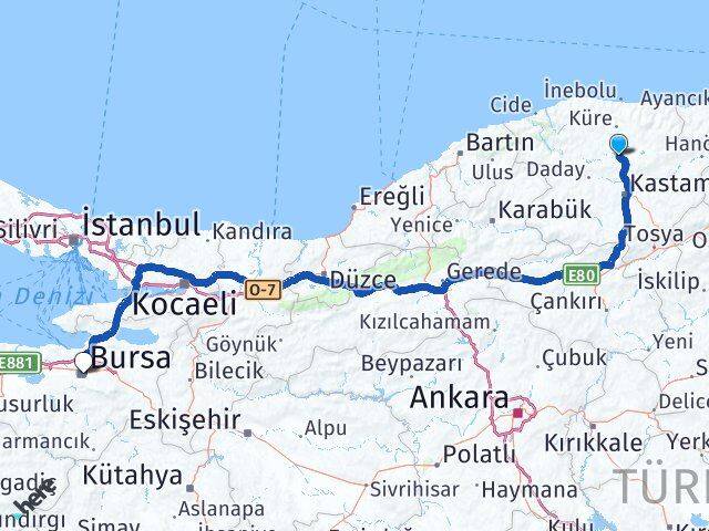 Kastamonu Seydiler Bursa Arası Kaç Km - Yol Haritası