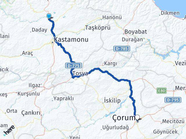 Kastamonu Seydiler Çorum Arası Kaç Km - Yol Haritası