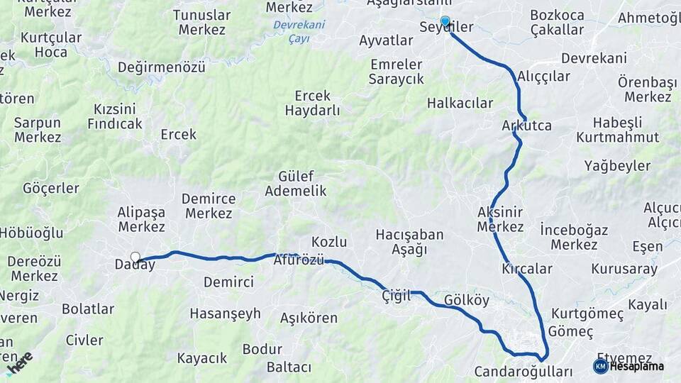 Kastamonu Seydiler Daday Arası Kaç Km - Yol Haritası