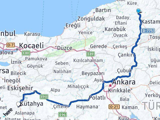 Kastamonu Seydiler Kütahya Arası Kaç Km - Yol Haritası