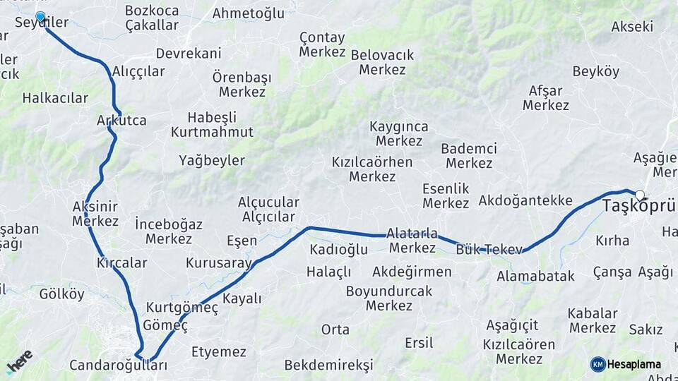 Kastamonu Seydiler Taşköprü Arası Kaç Km - Yol Haritası