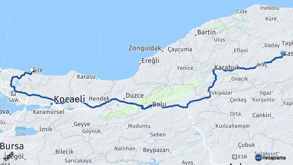 Kastamonu Şile İstanbul Arası Kaç Km - Yol Haritası
