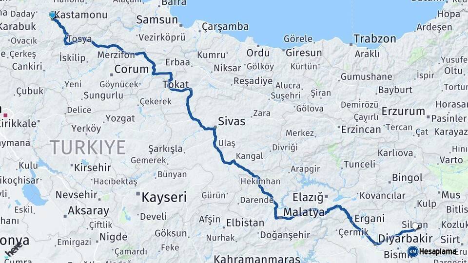Kastamonu Silvan Diyarbakır Arası Kaç Km - Yol Haritası