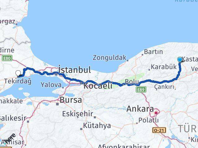 Kastamonu Süleymanpaşa Tekirdağ Arası Kaç Km - Yol Haritası