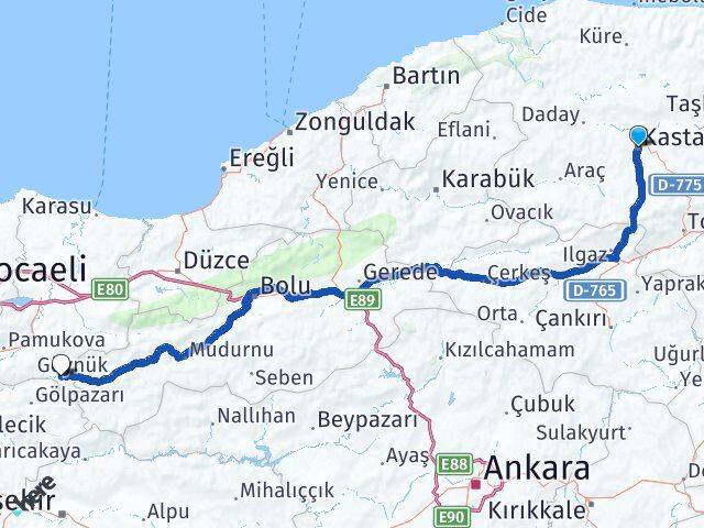 Kastamonu Taraklı Sakarya Arası Kaç Km - Yol Haritası