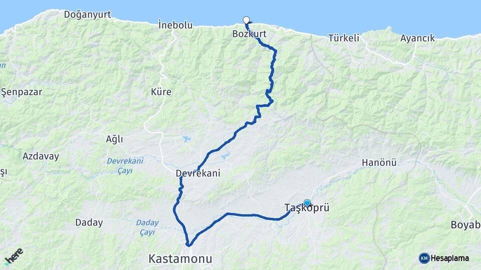 Kastamonu Taşköprü Abana Arası Kaç Km - Yol Haritası