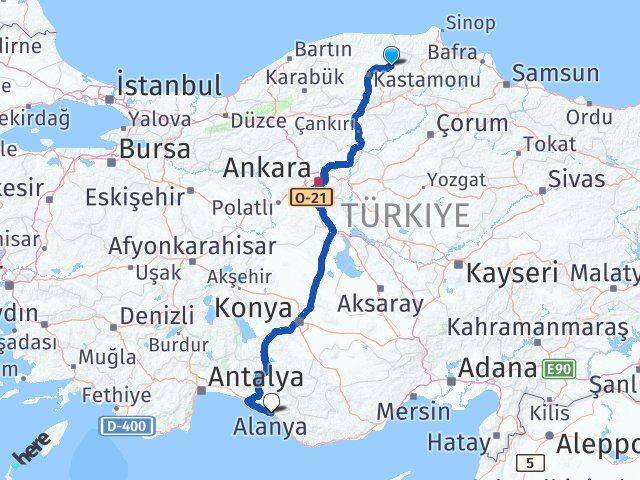 Kastamonu Taşköprü Alanya Antalya Arası Kaç Km - Yol Haritası