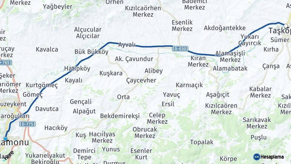 Kastamonu Taşköprü Arası Kaç Km - Yol Haritası
