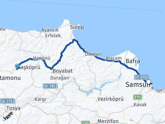 Kastamonu Taşköprü Atakum Samsun Arası Kaç Km - Yol Haritası