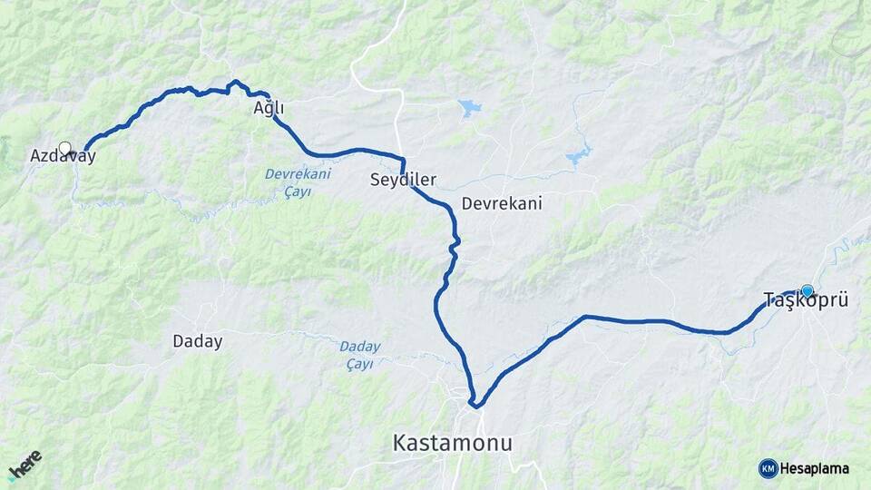 Kastamonu Taşköprü Azdavay Arası Kaç Km - Yol Haritası