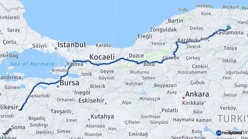 Kastamonu Taşköprü Balıkesir Arası Kaç Km - Yol Haritası