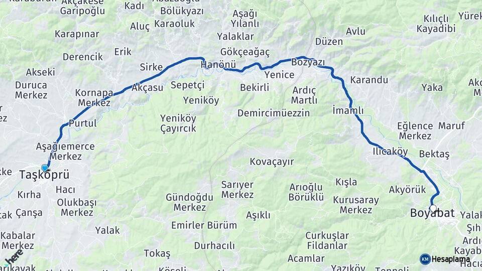 Kastamonu Taşköprü Boyabat Sinop Arası Kaç Km - Yol Haritası