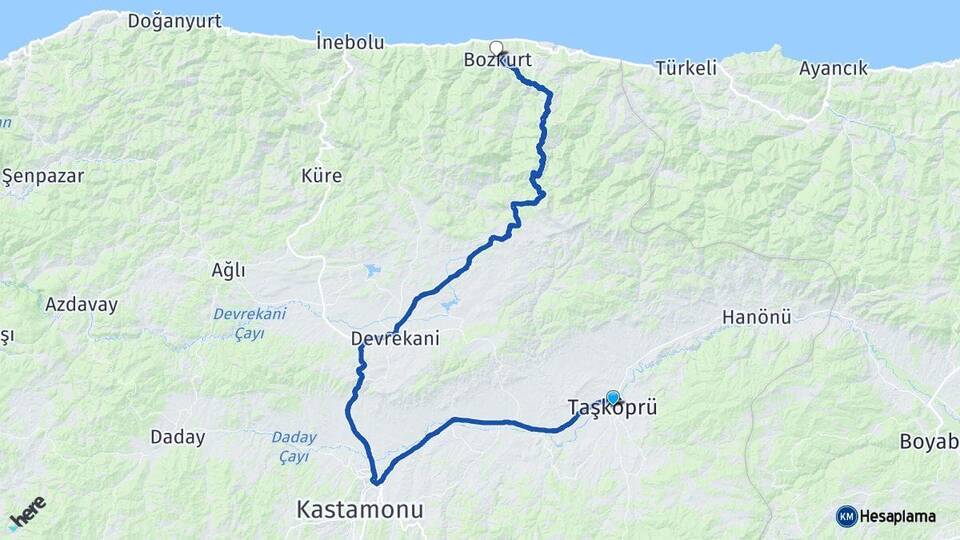 Kastamonu Taşköprü Bozkurt Arası Kaç Km - Yol Haritası