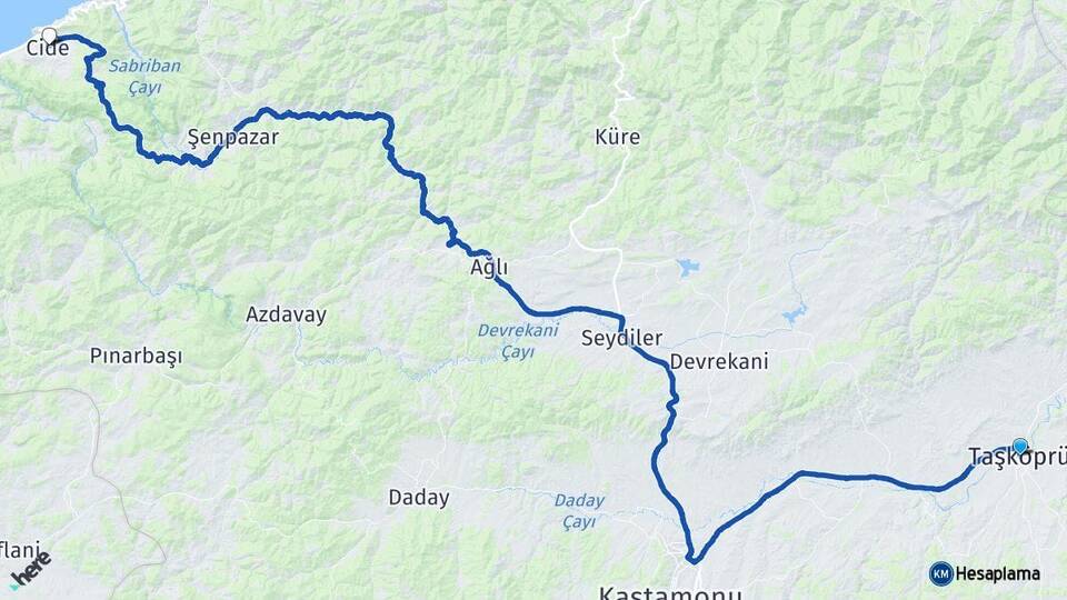 Kastamonu Taşköprü Cide Arası Kaç Km - Yol Haritası
