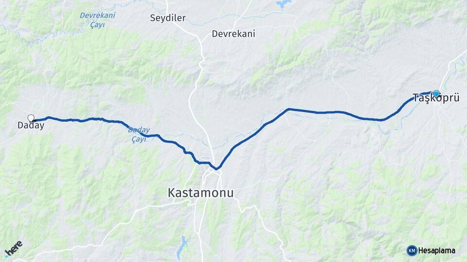 Kastamonu Taşköprü Daday Arası Kaç Km - Yol Haritası