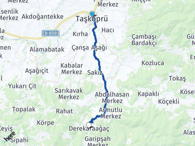 Kastamonu Taşköprü Derekaraağaç Taşköprü Arası Kaç Km - Yol Haritası