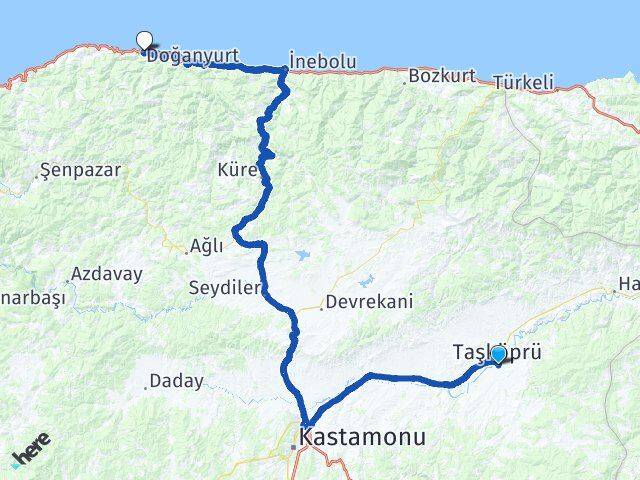 Kastamonu Taşköprü Doğanyurt Arası Kaç Km - Yol Haritası