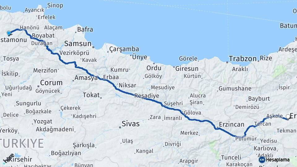 Kastamonu Taşköprü Erzurum Arası Kaç Km - Yol Haritası