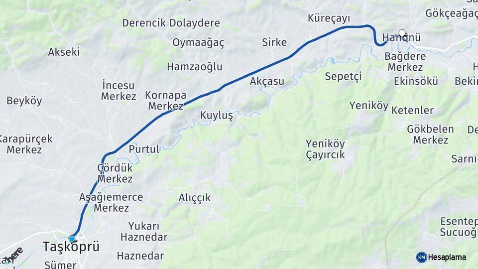 Kastamonu Taşköprü Hanönü Arası Kaç Km - Yol Haritası