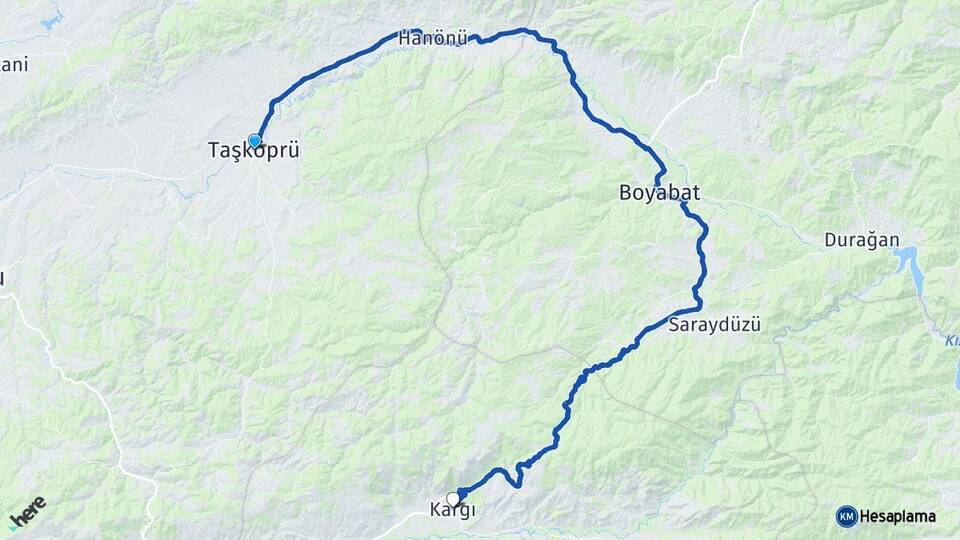 Kastamonu Taşköprü Kargı Çorum Arası Kaç Km - Yol Haritası