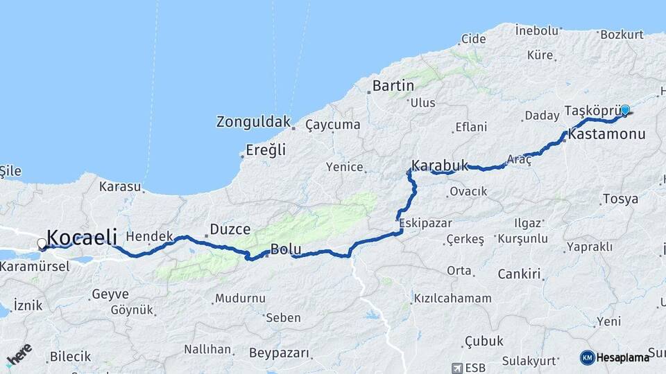 Kastamonu Taşköprü Kocaeli Arası Kaç Km - Yol Haritası