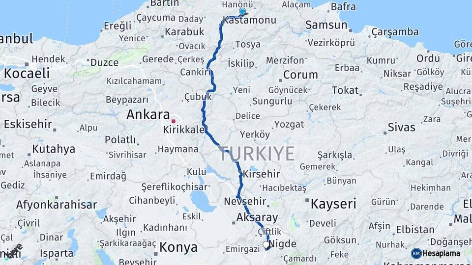 Kastamonu Taşköprü Niğde Arası Kaç Km - Yol Haritası