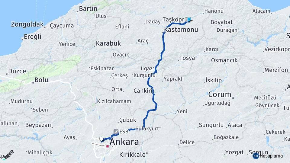Kastamonu Taşköprü Ostim OSB Yenimahalle Ankara Arası Kaç Km - Yol Haritası