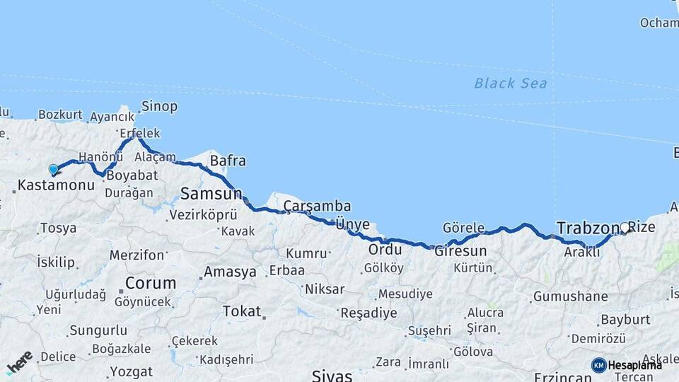 Kastamonu Taşköprü Rize Arası Kaç Km - Yol Haritası