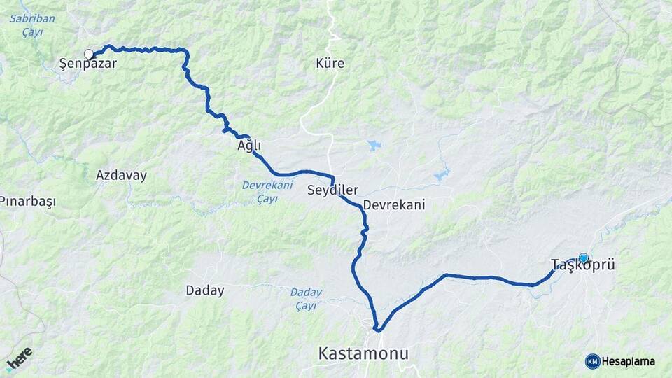 Kastamonu Taşköprü Şenpazar Arası Kaç Km - Yol Haritası