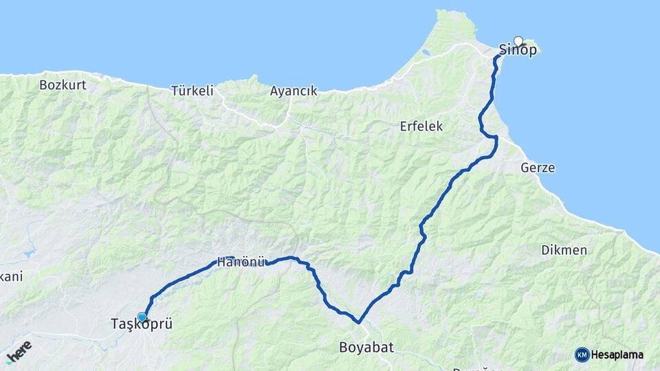 Kastamonu Taşköprü Sinop Arası Kaç Km - Yol Haritası