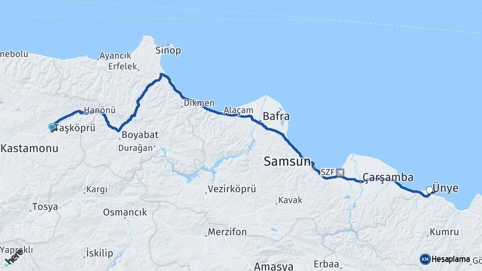 Kastamonu Taşköprü Ünye Ordu Arası Kaç Km - Yol Haritası