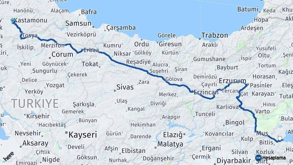 Kastamonu Tatvan Bitlis Arası Kaç Km - Yol Haritası