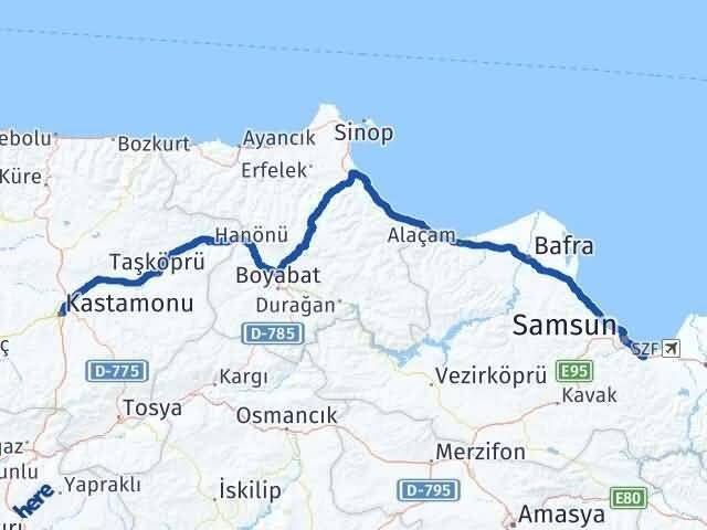 Kastamonu Tekkeköy Samsun Arası Kaç Km - Yol Haritası