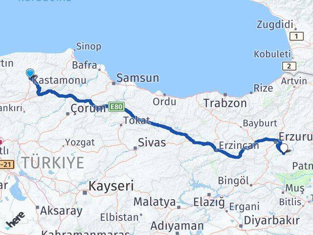 Kastamonu Tekman Erzurum Arası Kaç Km - Yol Haritası