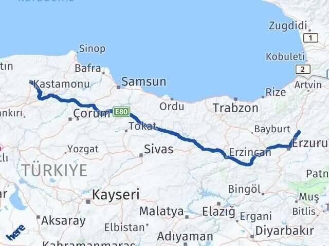 Kastamonu Tortum Erzurum Arası Kaç Km - Yol Haritası