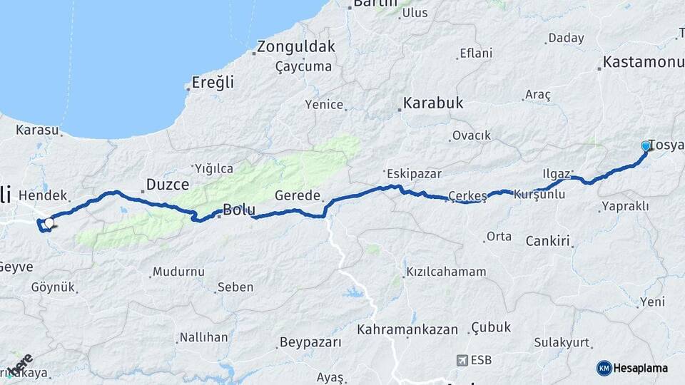 Kastamonu Tosya Akyazı Sakarya Arası Kaç Km - Yol Haritası