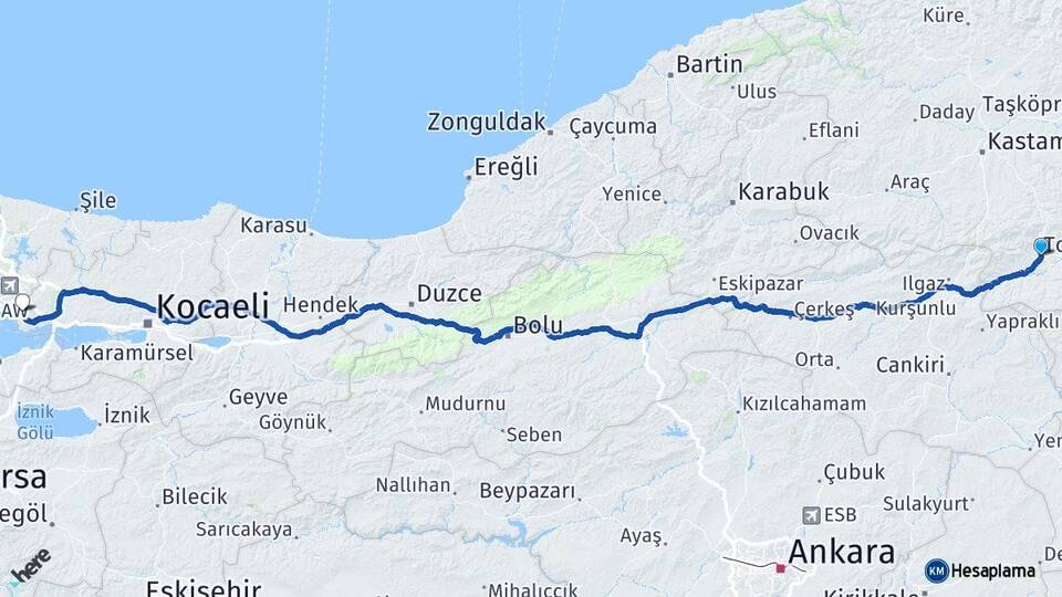 Kastamonu Tosya Çayırova Kocaeli Arası Kaç Km - Yol Haritası