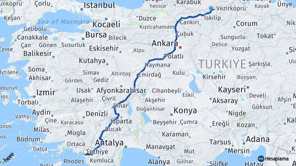 Kastamonu Tosya Fethiye Muğla Arası Kaç Km - Yol Haritası