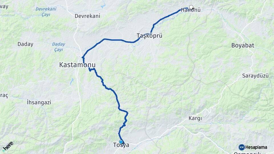 Kastamonu Tosya Hanönü Arası Kaç Km - Yol Haritası