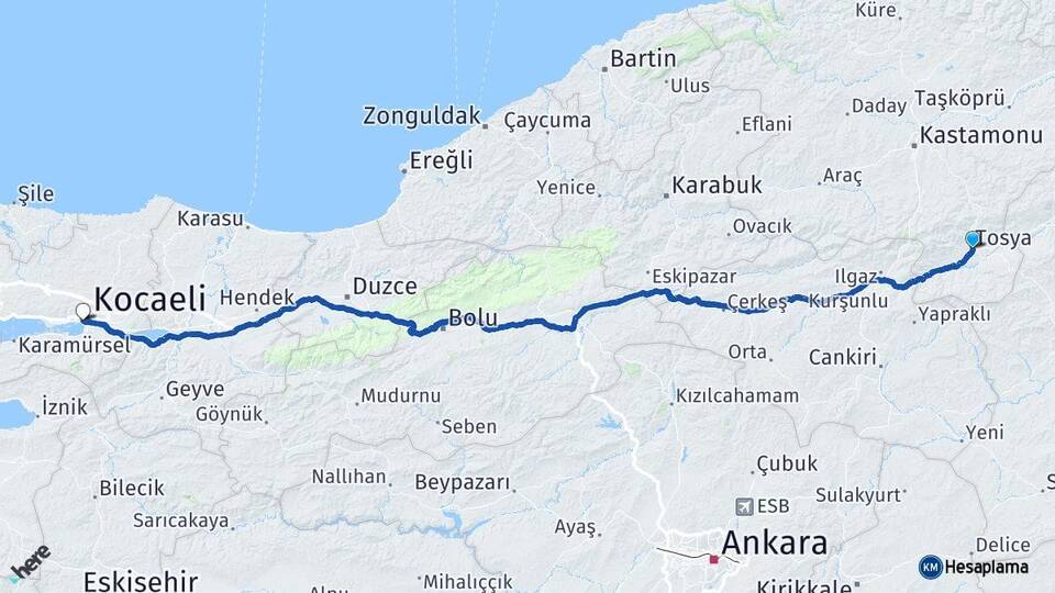 Kastamonu Tosya İzmit Kocaeli Arası Kaç Km - Yol Haritası