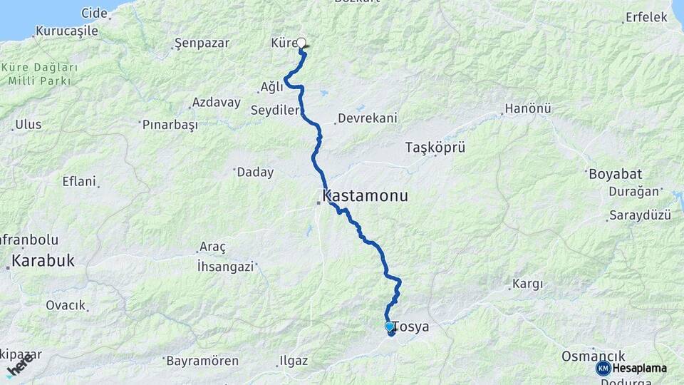 Kastamonu Tosya Küre Arası Kaç Km - Yol Haritası