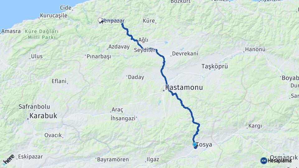 Kastamonu Tosya Şenpazar Arası Kaç Km - Yol Haritası