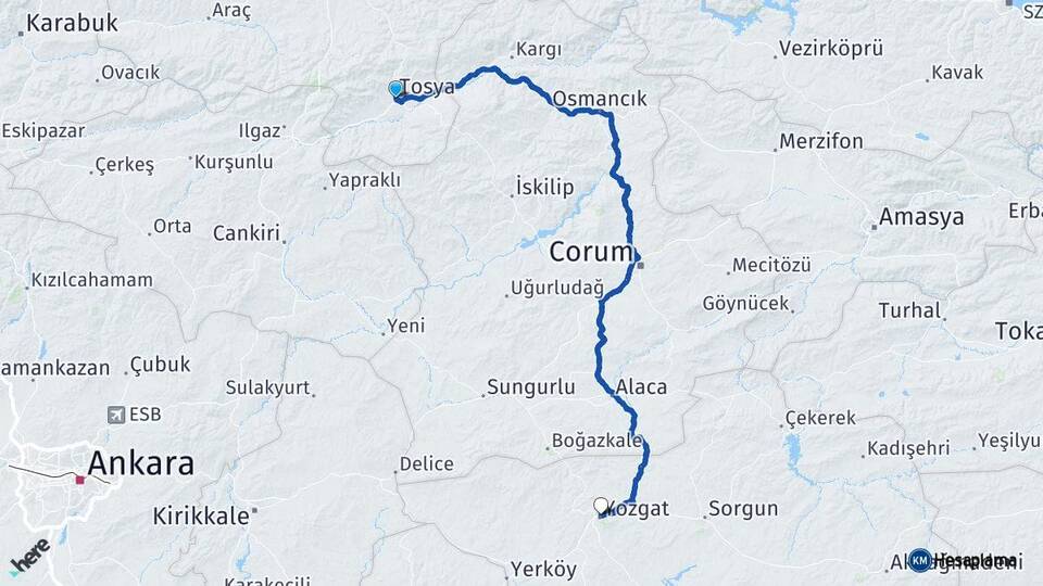 Kastamonu Tosya Yozgat Arası Kaç Km - Yol Haritası